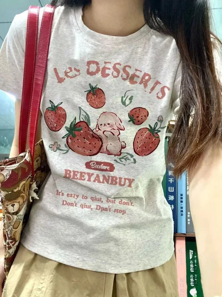 Aiertu Y2k Aesthetic Summer New Cartoon Strawberry T-shirts Harajuku Short Sleeve Loose OCasual Tops Women O Neck All Match Casual Tees Aiertu