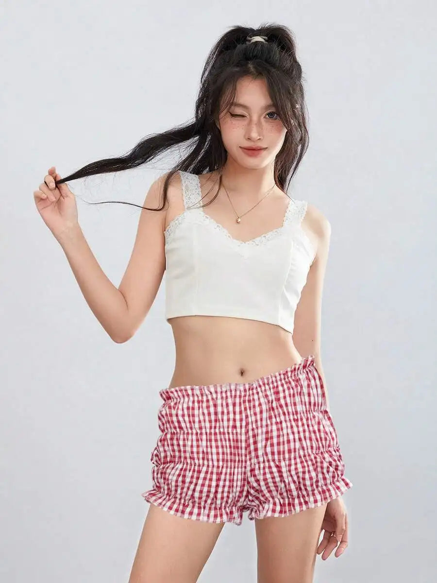 AIERTU  -  Women Plaid Ruffled Boxer Shorts Elastic Waist Loose Fit Summer Beach Shorts Aiertu
