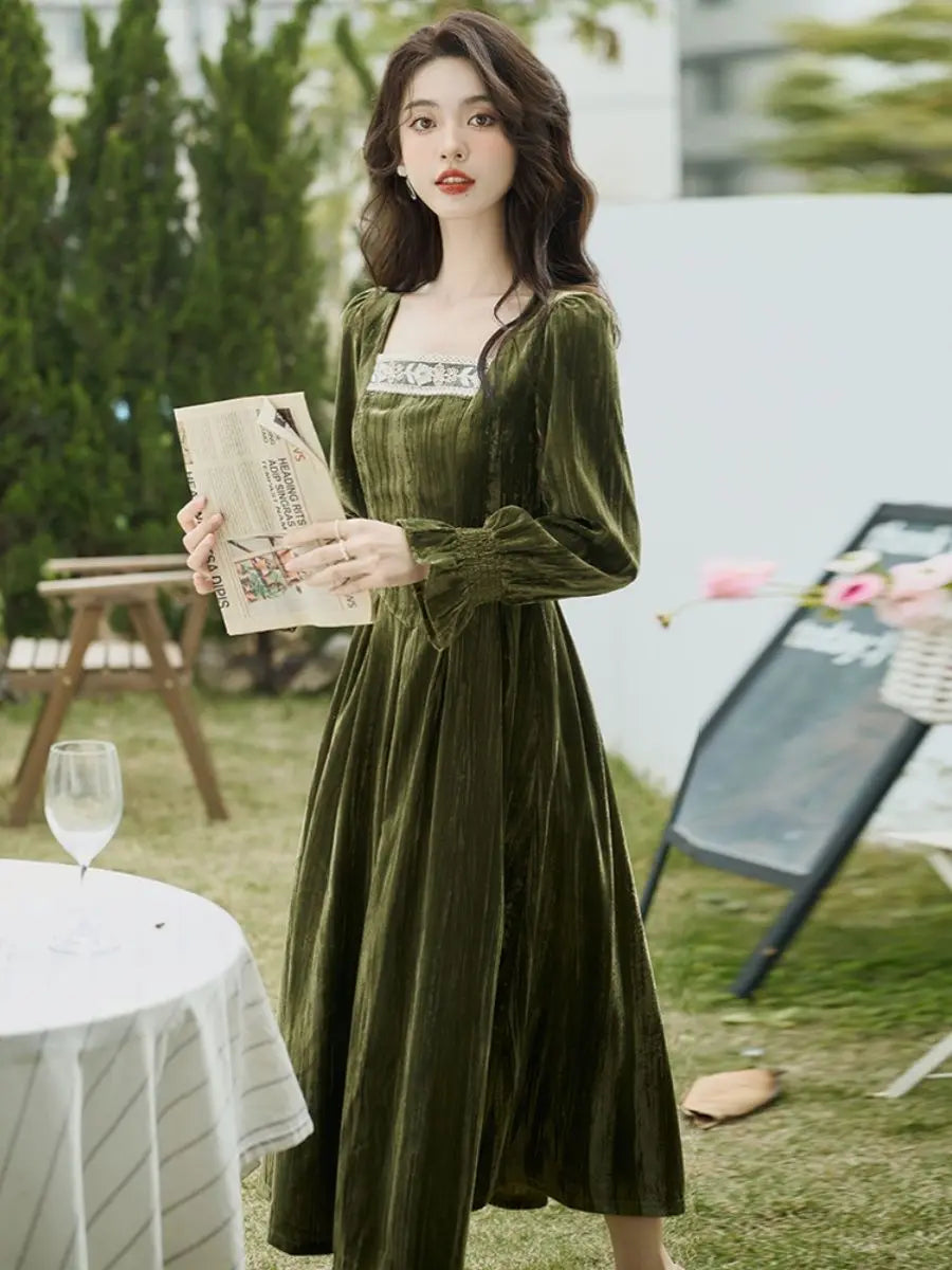 Aiertu Elegant Vintage Velvet Midi Dress Women Lace Patchwork Slim Korean Fairy Dress Female 2024 Spring Fashion Casual Party Dress Y2k Aiertu
