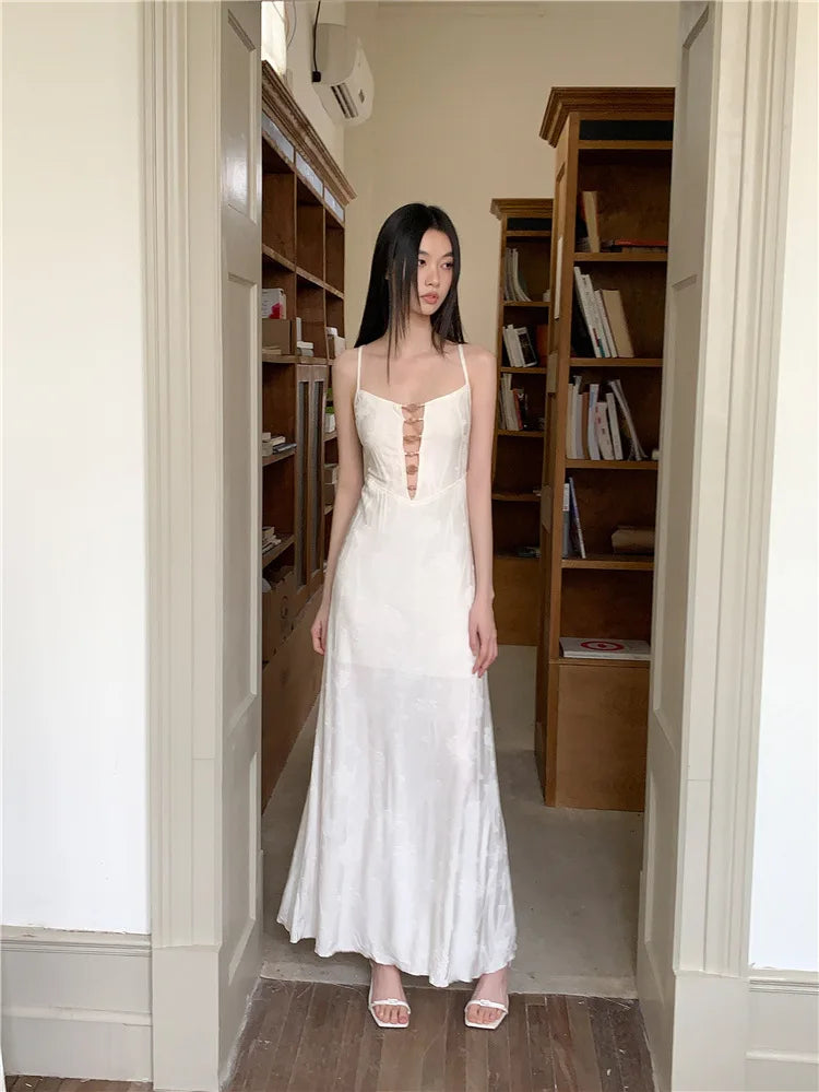 AIERTU  -  Women Dress New Chinese Style Patterned Chest Bead Hollow Out Backless Sleeveless High Waist Slim Vacation Sling Long Dresses Aiertu