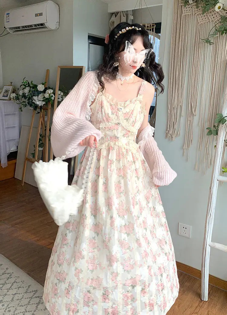 Aiertu Chiffon Lace Strap Dress Women Floral Embroidery Fairy Vintage Long Dress Female Sweet Princess Casual Party Dresses Summer Aiertu