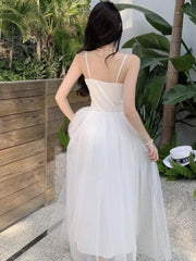 Aiertu Sleeveless Dress Women Mesh Long A-line Black Retro Elegant V Neck Fairy Sexy Pleated Sundress Summer Evening Party Ball Gown Aiertu
