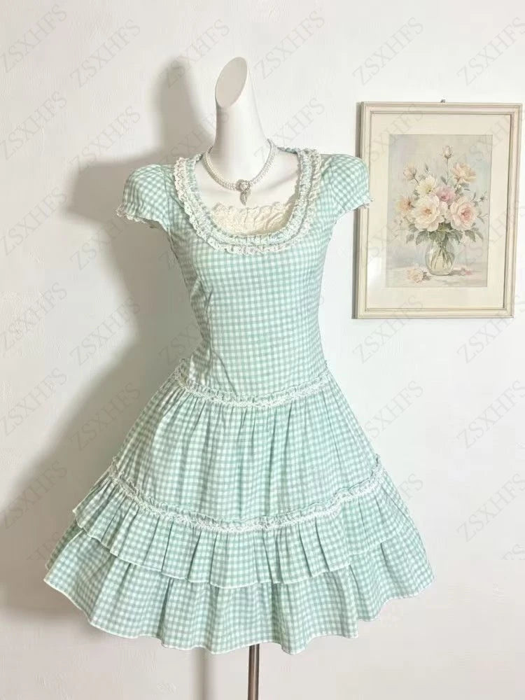 AIERTU  -  Sweet Girl pleated Dress Trendy Bohemian Vintage Streetwear Kawaii Sexy suspender Checkered Dresses Aesthetic Gentle Short Dress Aiertu