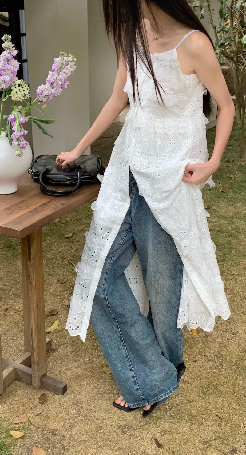 Aiertu White Suspender Embroidered Dress For Women'S Summer High-End Hollowed Out Design, Elegant And Chic Long Skirt Aiertu