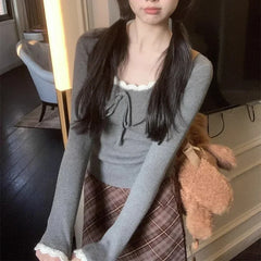 Aiertu Kawaii Bow T-shirts Women Coquette Lace Sexy Korean Fashion Sweet Long Sleeve Cutecore Slim Up Solid Aesthetics Tops Aiertu