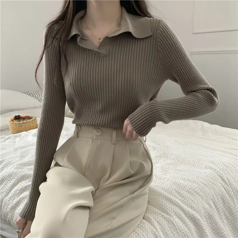 Aiertu FALL OUTFITS Knitted T Shirts For Women Clothes Streetwear High Quality Clothing Womens Polo Neck Tee Shirt Aesthetic Hot Top Vintage Striped aiertu