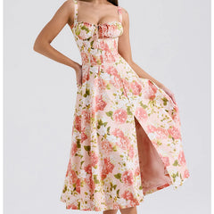 Aiertu 2024 Elegant Women Sexy Front Slit Floral Print Sling Midi Dress Lace Up Bandage Back Female Summer Dresses Holiday Robe Aiertu