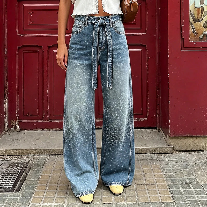 AIERTU  -  Y2K Rhinestone Jeans High-Waisted Ombre Gradient Wide Leg Denim Pants with Sashes All-Over Sparkle Detail Trouser 90s Streetwear Aiertu