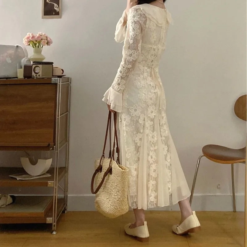 AIERTU  -  Flowers Mermaid Dresses for Women Flare Sleeve Korean Fashion Long Dress Spring Autumn Elegant Vestidos Mujer Aiertu