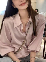 Aiertu Satin Women Sirt Spring Summer New Korean Fashion Turn Down Collar Long Sleeve Oversized Blouse Ladies Casual Top Aiertu