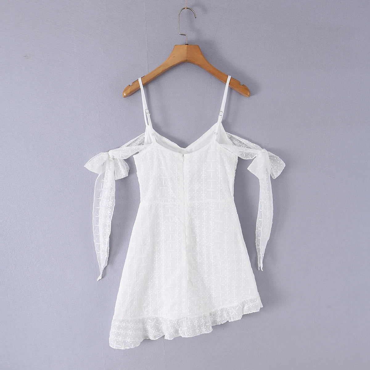 AIERTU  -  Summer White Lace Mini Dress Women Off Shoulder Tie Detail Sleeve V Neck Beach Party Irregular Dress Aiertu