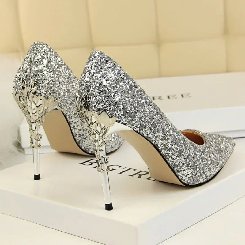 Aiertu 2024 Spring Summer New Crystal Sequins Bride Shoes High Heels Women's Fine Heel Versatile Pointed Toe Gown Single Shoes Aiertu