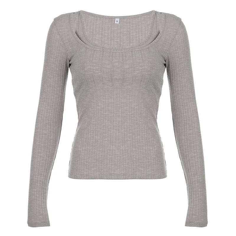 Aiertu Two Pieces Set Autumn Simple Casual Long Sleeve Vintage Women T-shirts + Japanese Solid Bottoming Y2k Aesthetic All Match Tanks Aiertu