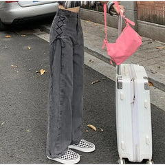 Aiertu High Waist Side Tie Long Jeans Pants Aiertu