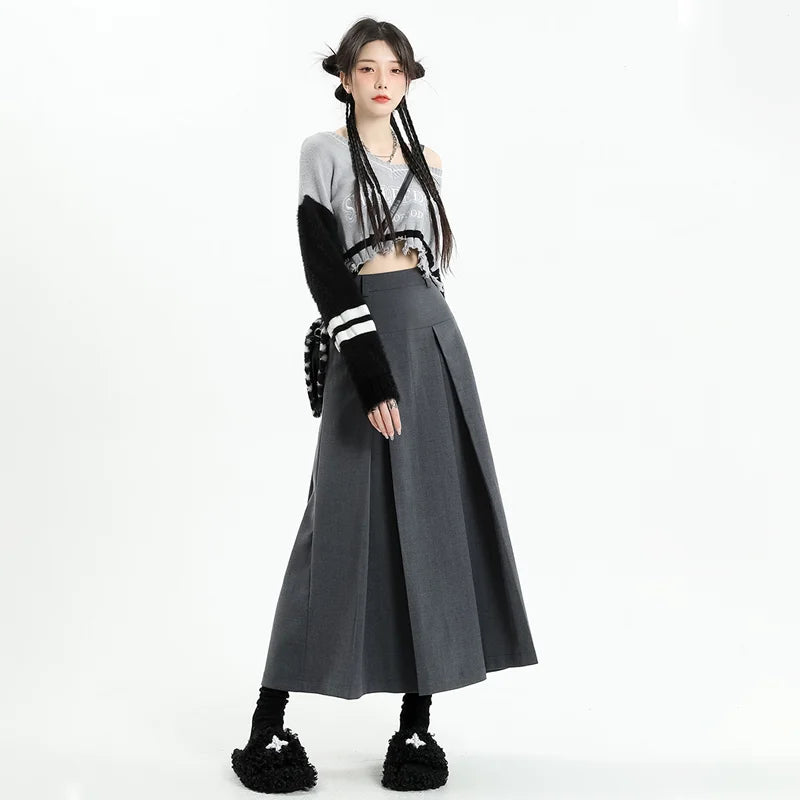 Aiertu Vintage Grey Suit A-line Skirt Women's Spring Autumn College Style High Waist Pleated Mid Length Skirt Femal aiertu