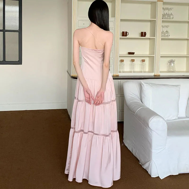 AIERTU  - Lady Dress Satin Pleat Lace Up Design Hollowed Out Splicing A-line Sleeveless High Waist Slim Solid Color Versatile Sling Dress Aiertu
