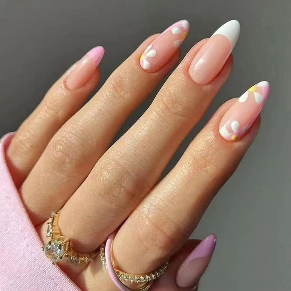 Aiertu 24pcs/Box Ballerina Nail Tip Purple with Design Manicure Patches Fresh Floral Almond False Nails Press on Med Nails Detachable Aiertu