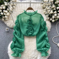 Aiertu  High Quality Organza Women Blouse Ruffles Neck Long Sleeves Loose Sweet Top Korean Style 3D Floral Sheer Shirt Aiertu