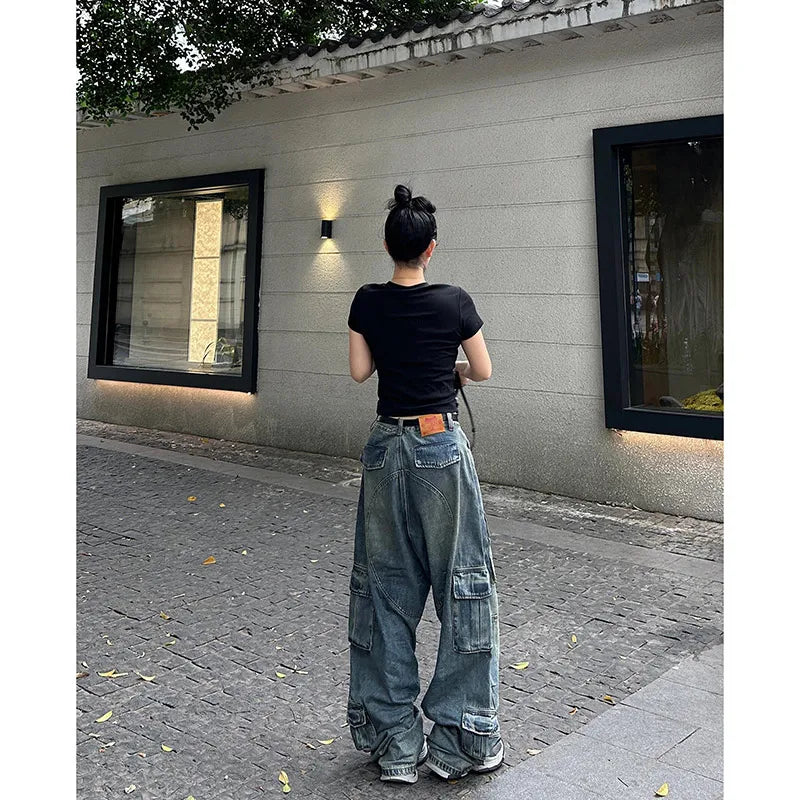 Aiertu Women's Y2k Blue Cargo Jeans Baggy 2000s Trashy Aesthetic Streetwear Oversize Denim Trousers Harajuku Jean Pants Vintage Clothes Aiertu