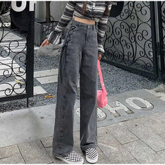 Aiertu High Waist Side Tie Long Jeans Pants Aiertu