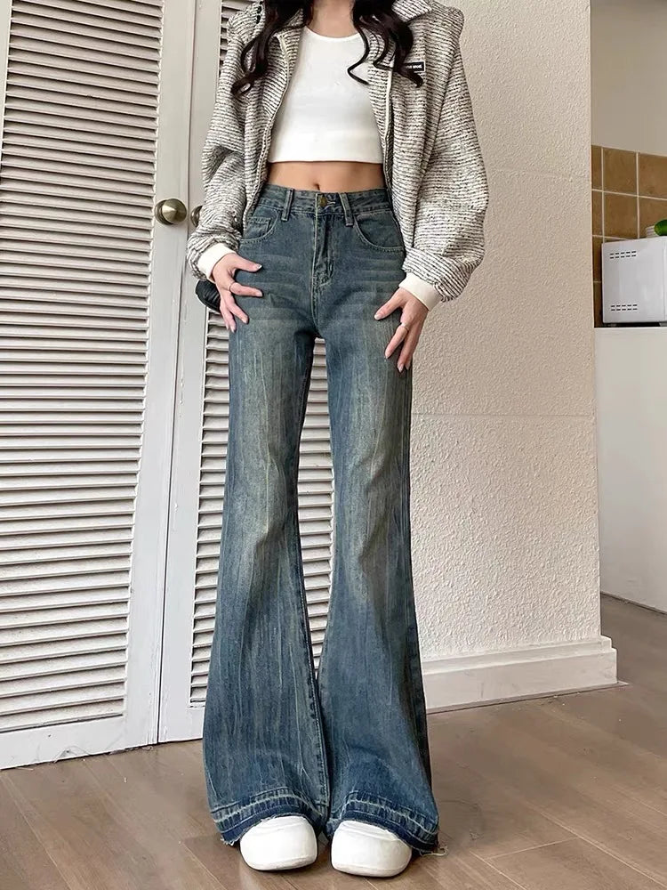 Aiertu Fashion Slim Casual Vintage Blue Women‘s Jeans Winter American Style Chic Office Ladies Pockets Basic Female Flare Pants Aiertu