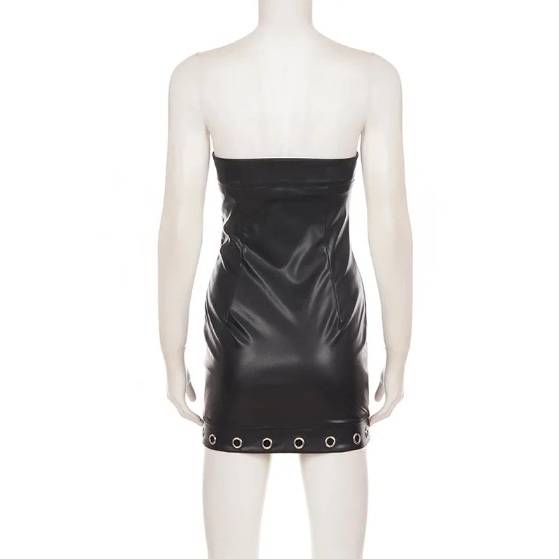 AIERTU  -  Faux Leather Strapless Mini Dress Eyelet Decor Bodycon Tube Dress Sleeveless Slim Fit Short Dress  Night Club Evening Outfit Aiertu