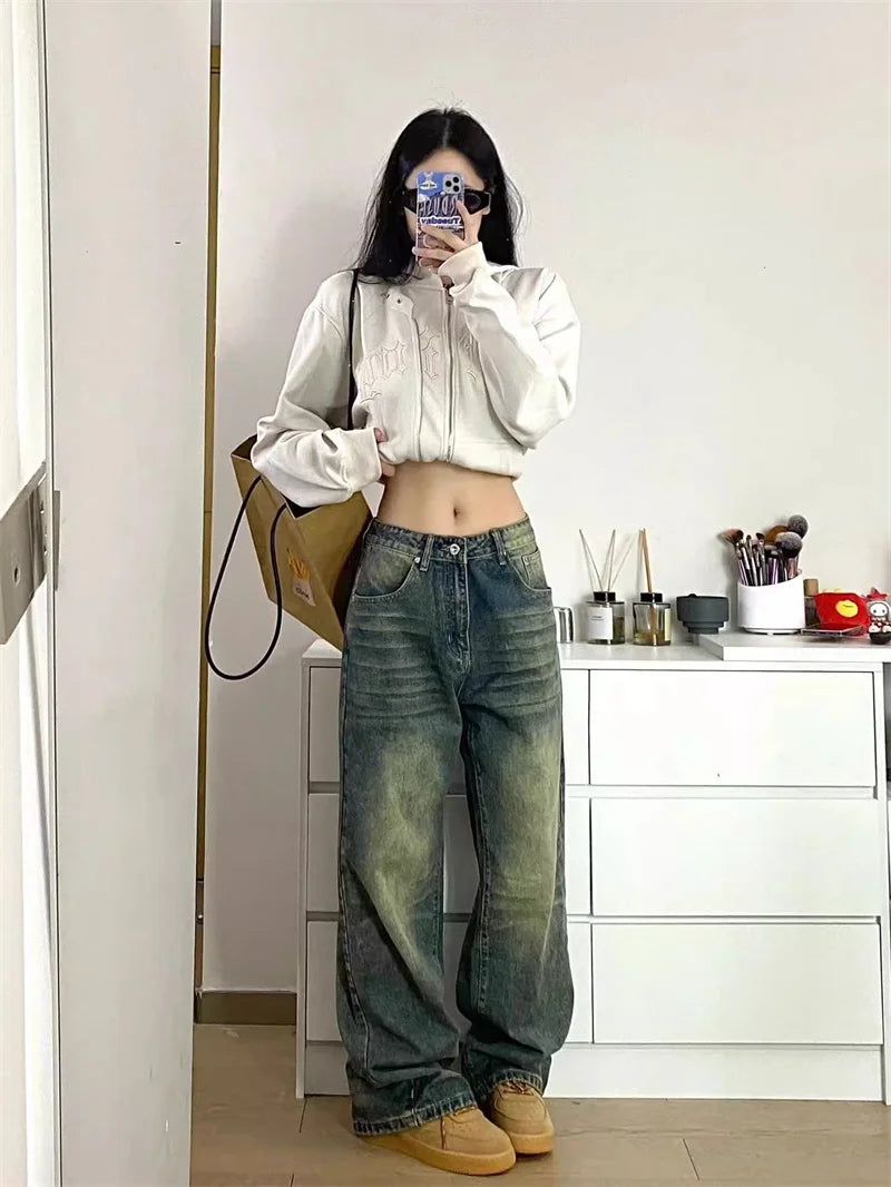 Aiertu Autumn Winter New Ladies Baggy Jeans American High Street Wide Leg Women's Jeans Note Embroidery Women Pants High Waist Aiertu