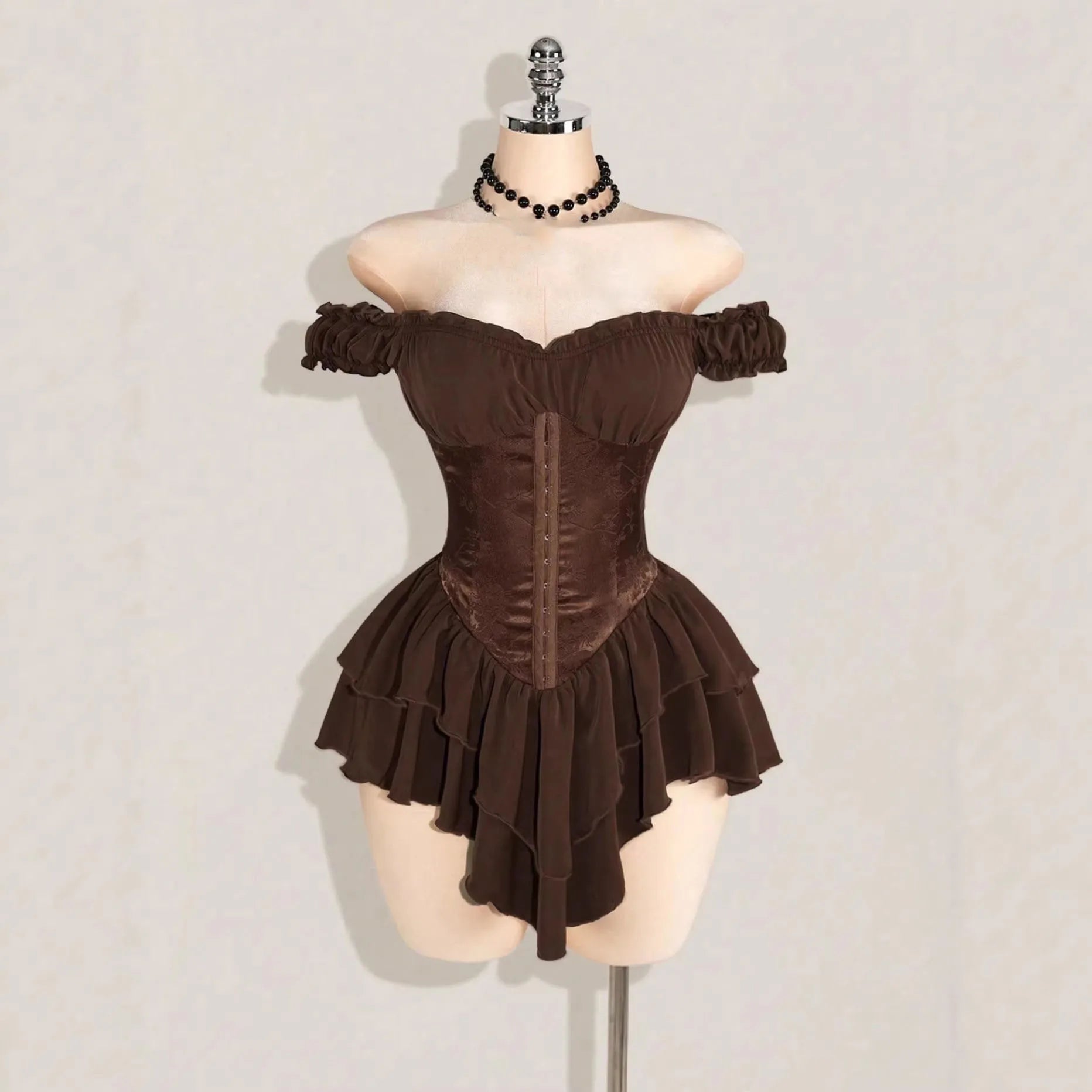 AIERTU  -  Women Dress A-line Lace Splicing Multi-layer Ruffle Edge Short Sleeve Off Shoulder High Waist Slim Solid Color Simple Mini Dress Aiertu