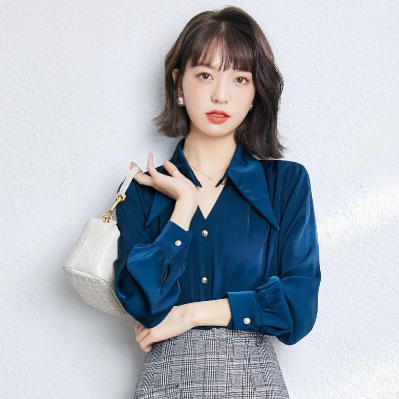 Aiertu Casual Shirts Women Fashion Romantic Solid Soft V-Neck Streetwear Spring All-match Hollow Out Retro European Style Simple Design aiertu