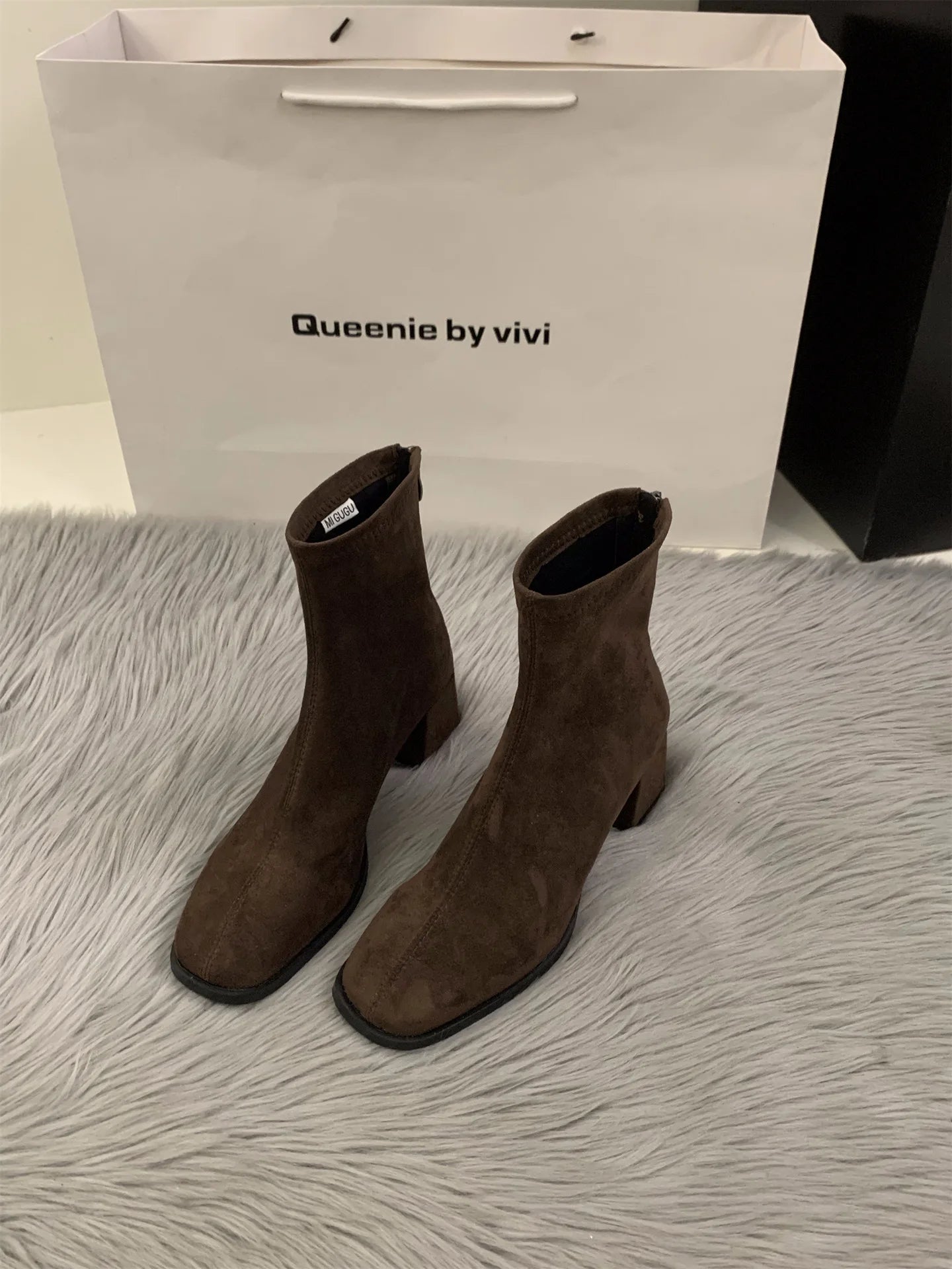 Boots Women New Shoes Luxury Designer silver  Ankle Fashion Pointy Med Ladies Rubber Autumn Rome Hoof Heels Flock Solid Sli Aiertu