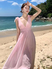 Aiertu Pink High Waist Women Temperament Backless Pleated Vest Dress Summer 2024 New Ladies V-neck Sleeveless Elegant Long Dresses Robe Aiertu