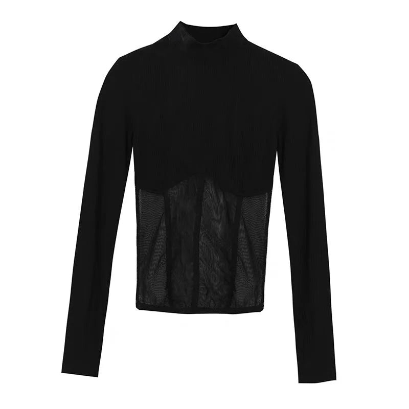 Aiertu Mesh Patchwork Fashion O-Neck Long Sleeve Tops Fishbone Tunic For Slim Sexy Crop Top Women 2024 Y2K Street T-Shirts aiertu