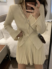 Aiertu New Fashion Casual Single Breasted Knitted Two Piece Set Women Sweater Cardigan Coat + Pleats Skirt Sets Vintage 2 Piece Suits Aiertu