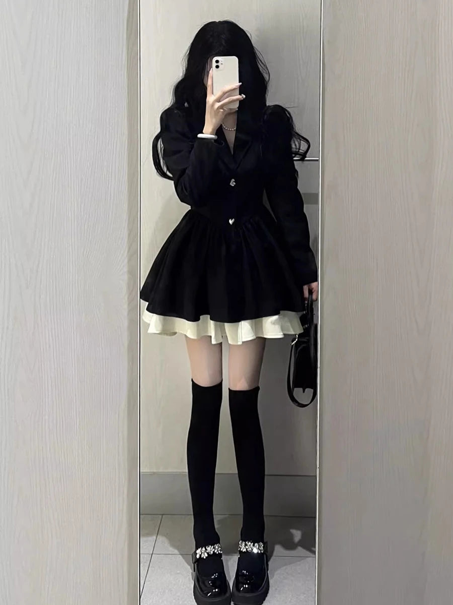 Aiertu Women's Black Patchwork Suit Dress Notched V-Neck Long Sleeve A-Line High Waist Autumn Elegant Office Lady Puffy Mujer Dress New Aiertu