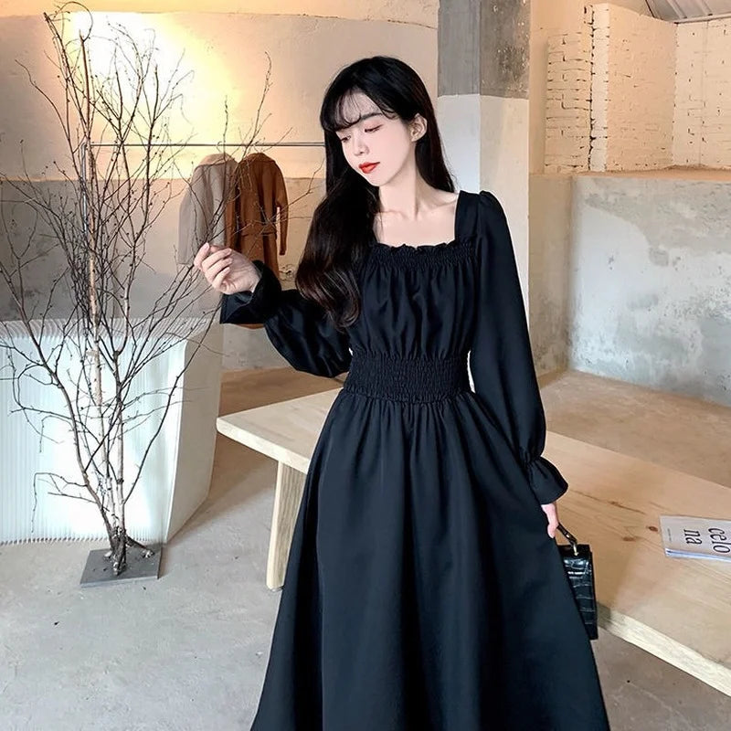 Aiertu Vintage Black Dress Women French Elegant Square Collar Long Sleeve Midi Dress Autumn Ladies Retro Clothes Chic Korean Aiertu