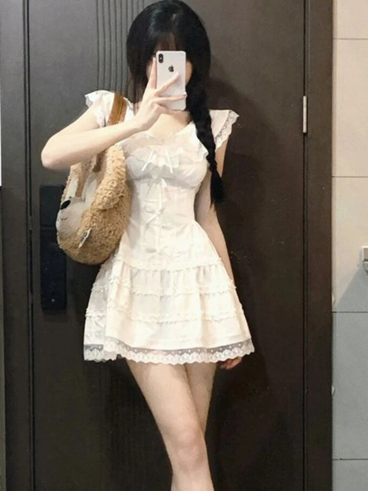 Aiertu Y2k Coquette White Lolita Sweet White Kwaii Cute Mini Dress Women Lace Bow Princess Slip Lace Short Dresses 2024 Fashion Aiertu