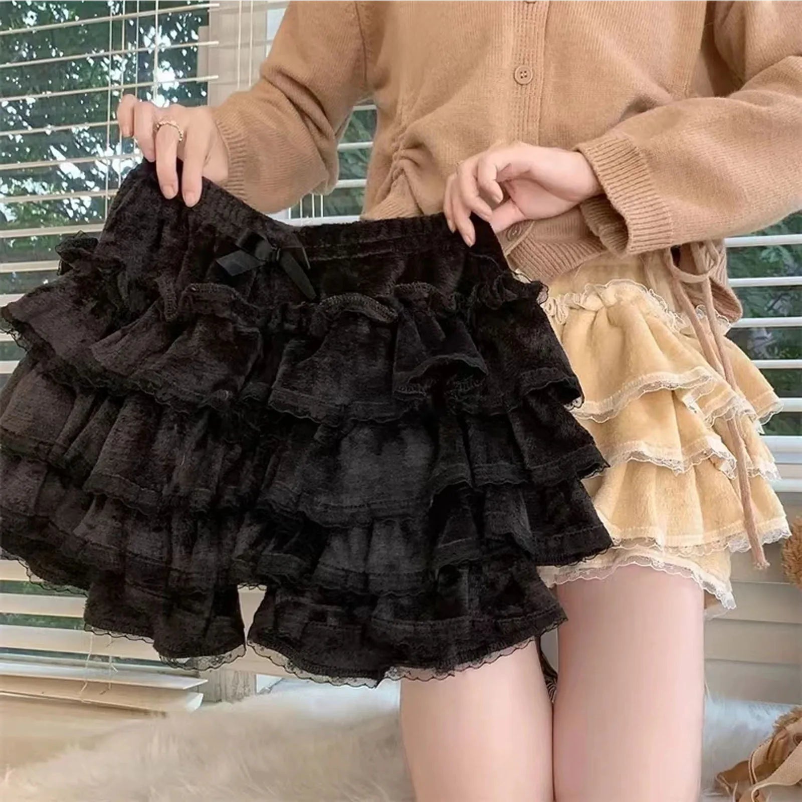 Autumn Winter Warm Lolita Safety Short Pants Women Sweet Chic Plush Bloomers Japanese Y2k Lace Bow Knickers Harajuku Cute Shorts Aiertu