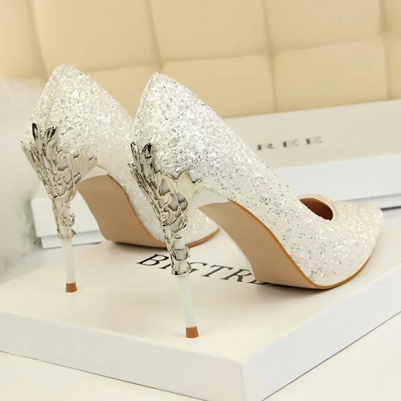 Aiertu 2024 Spring Summer New Crystal Sequins Bride Shoes High Heels Women's Fine Heel Versatile Pointed Toe Gown Single Shoes Aiertu