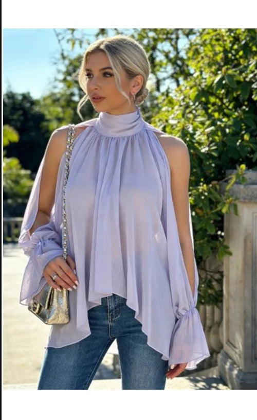 AIERTU  -  Summer Women’s Mock Neck Chiffon Blouse Tops Cold Shoulder Lantern Sleeve Mesh Shirts Streetwear Aiertu