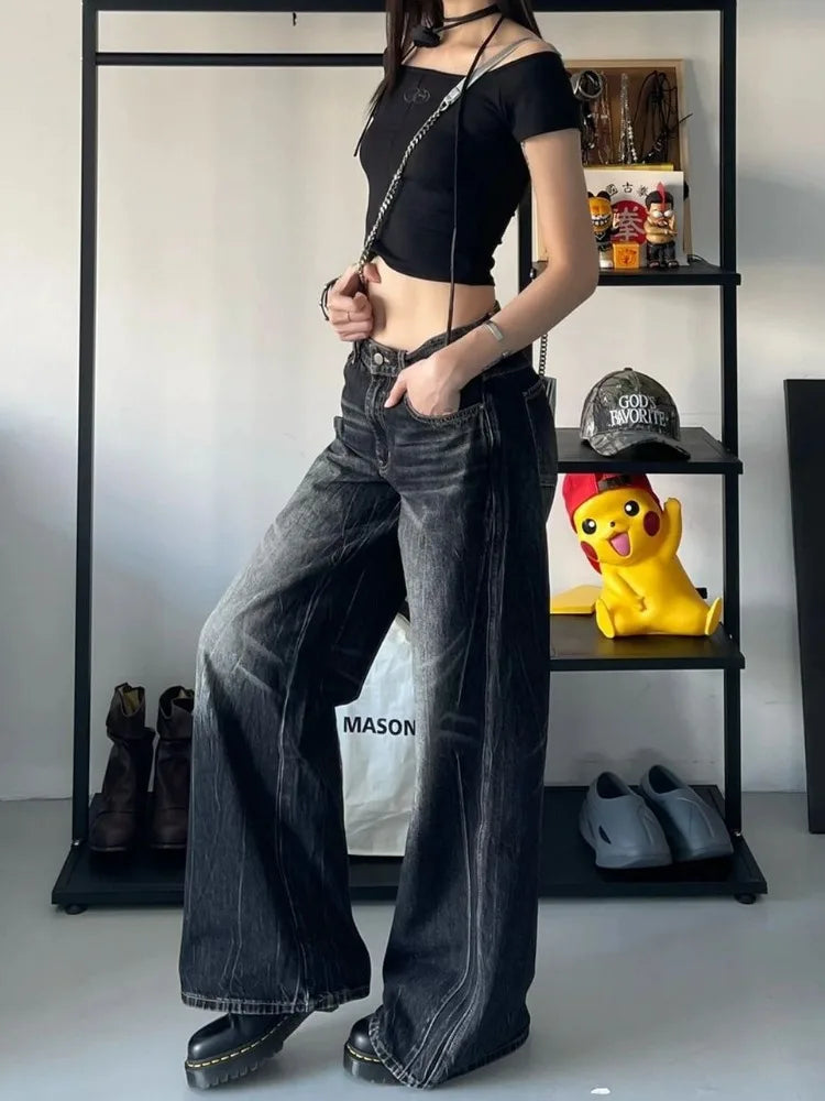 Aiertu Grunge Y2k Black Jeans Women Baggy Vintage High Street Oversized Denim Trousers Gothic Gyaru 2000s Acubi Fashion Jeans Aiertu
