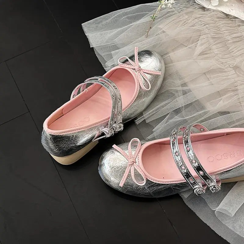 AIERTU  -  Pink Floral Pattern Low Heel Mary Jane Shoes Women Summer Comfort Silver Bowknot Ballet Flats Woman's Lolita Shoes Aiertu