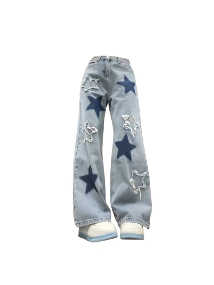 Aiertu Women's Baggy Blue Star Jeans Vintage Y2k 90s Aesthetic Denim Trousers Harajuku High Waist Wide Cowboy Pants 2000s Clothes 2024 Aiertu