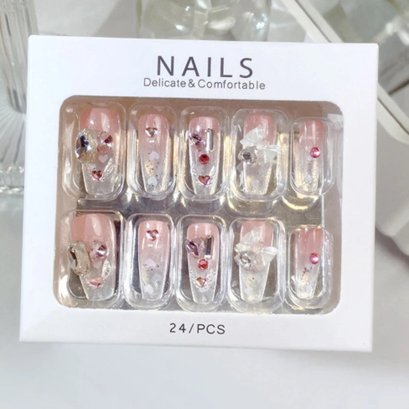 Aiertu 24Pcs Valentine Nails Press on Love Y2k Acrylic Nails Sparkle Butterfly French Cat Eye Almond Full Cover Stick on False Nail Tip Aiertu
