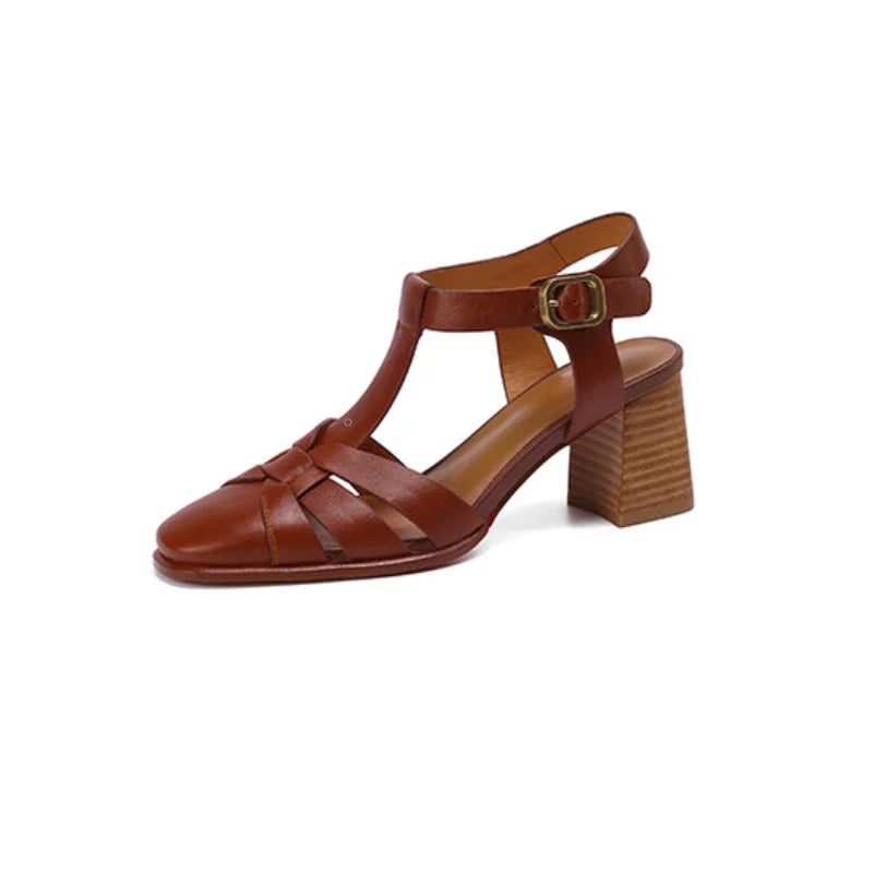 Aiertu Summer Sandals Female Retro Sandals Buckle Strap Womens Pumps Cowhide Ladies Shoes Spring Autumn Gladiator Sandal Roman Style Aiertu