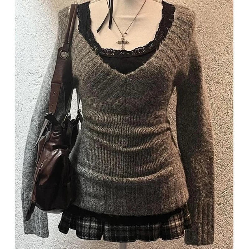 Aiertu Sexy Vintage V-neck Knitted Pullovers Women Early Y2k Grunge Sweaters Mujer Autumn Fashion Long Sleeve Pullovers Slim Aiertu