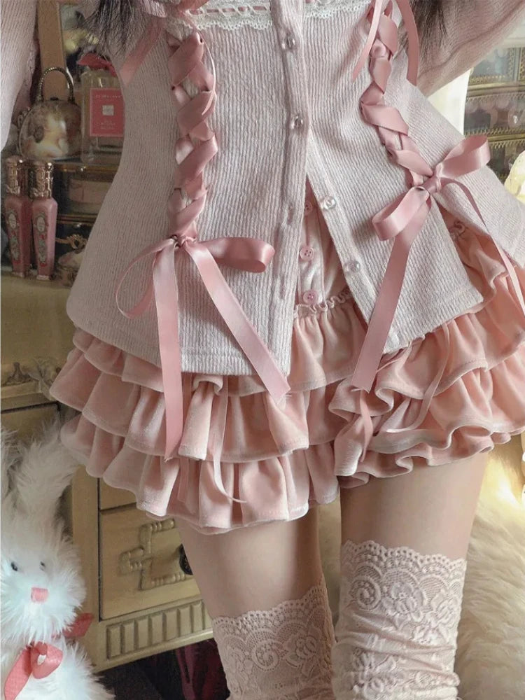 Aiertu Fashion Sweet Longsleeve Lace Up Slim Fit Knitted Tops Women+ High Waist Ruched Mini Cake Skirts 2024 Summer New Two Piece Sets Aiertu