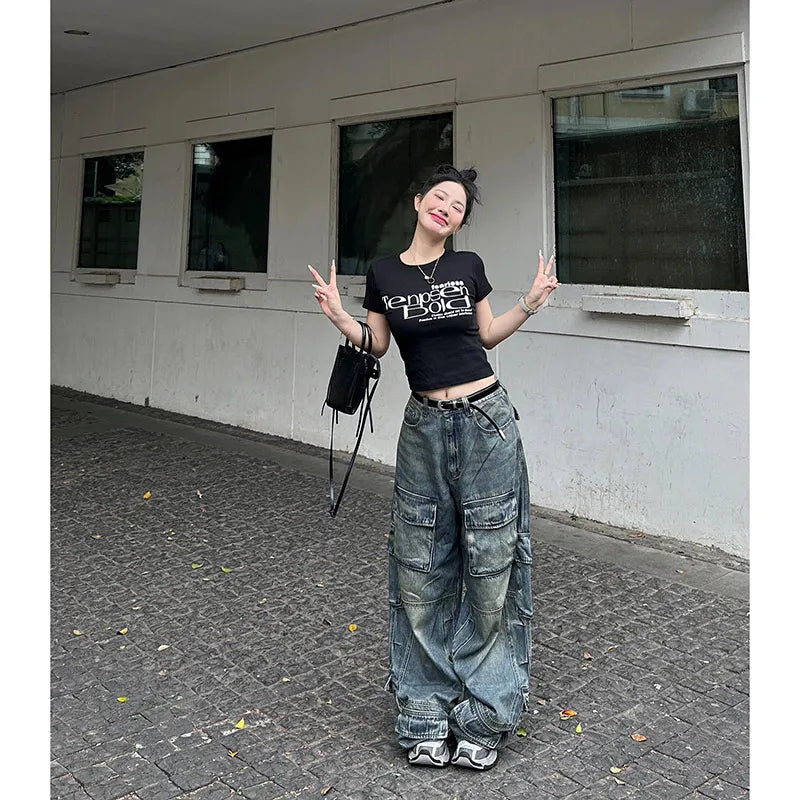 Aiertu Women's Y2k Blue Cargo Jeans Baggy 2000s Trashy Aesthetic Streetwear Oversize Denim Trousers Harajuku Jean Pants Vintage Clothes Aiertu