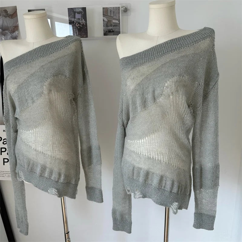 Aiertu Women's Pullover Knitted Torn Sweater Harajuku Long Sleeve Knit Jumper Sweaters Korean Y2k 2000s 90s Aesthetic Vintage Clothes Aiertu