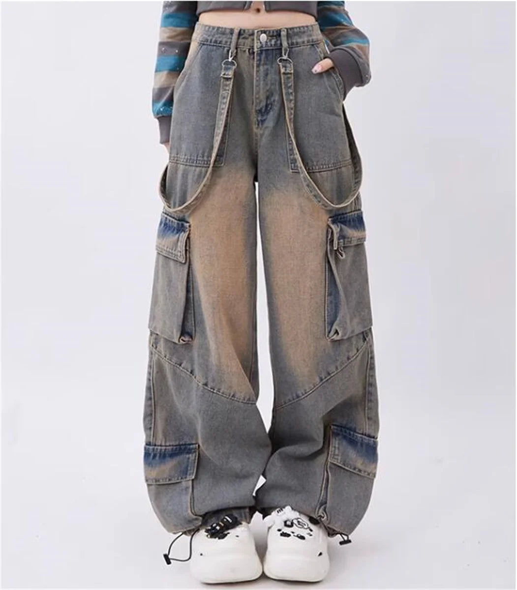 Aiertu Y2k Cargo Jeans Pants Women Rave Pants Street Oversize Loose Wide-leg Pockets Female Pant Vintage Hip Hop Denim Trousers Aiertu