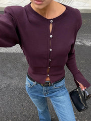 AIERTU  -  Womens Knit Cardigan Button Up Slim Fit Crop Crew Neck Long Sleeve Ribbed Trim Autumn Casual Streetwear Stretch Cardigan Aiertu